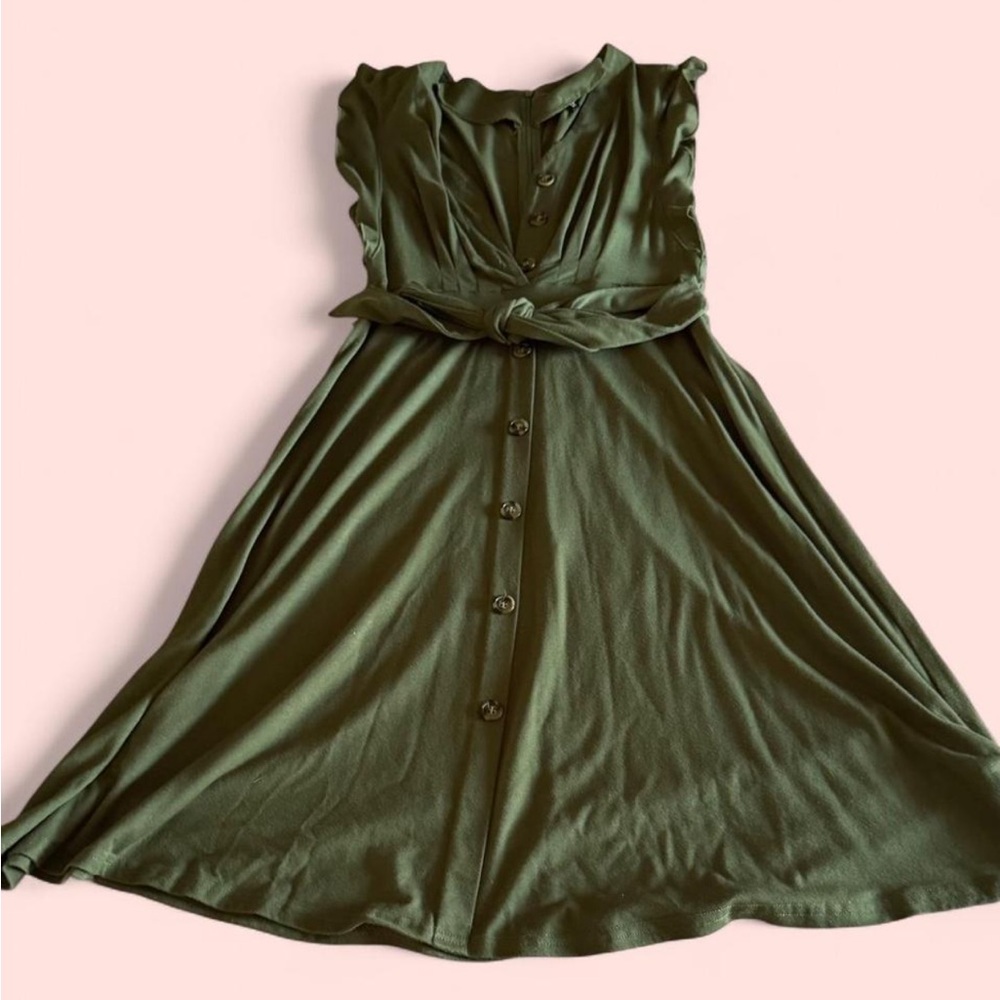 Olive Green Button-Front Midi Dress